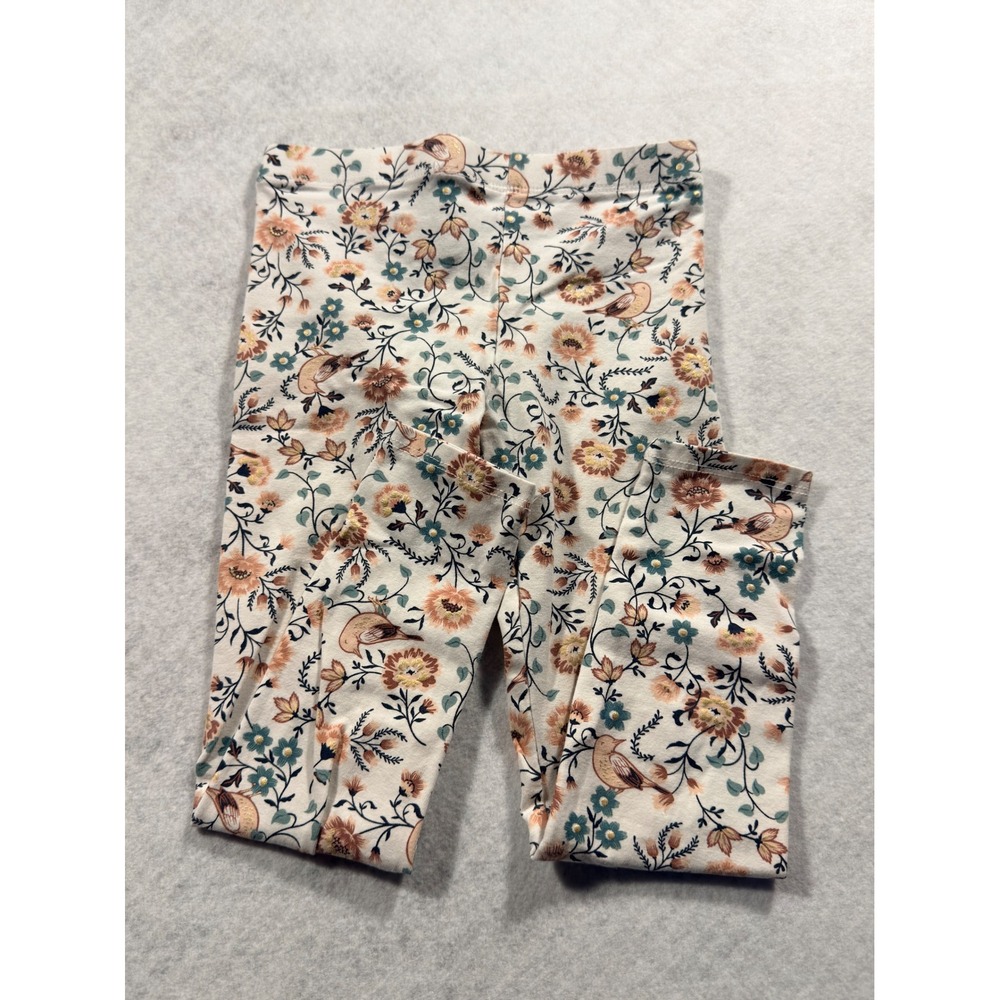Kids Floral Bird Print Leggings Cream Multi Color Size 4T Elastic Waist